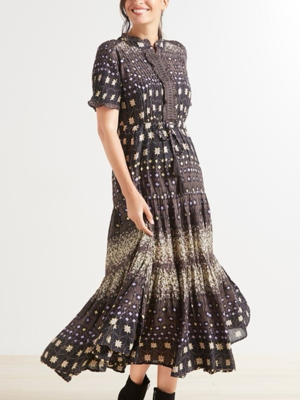 Free People Rare Feelings black floral tie front boho maxi dress size medium